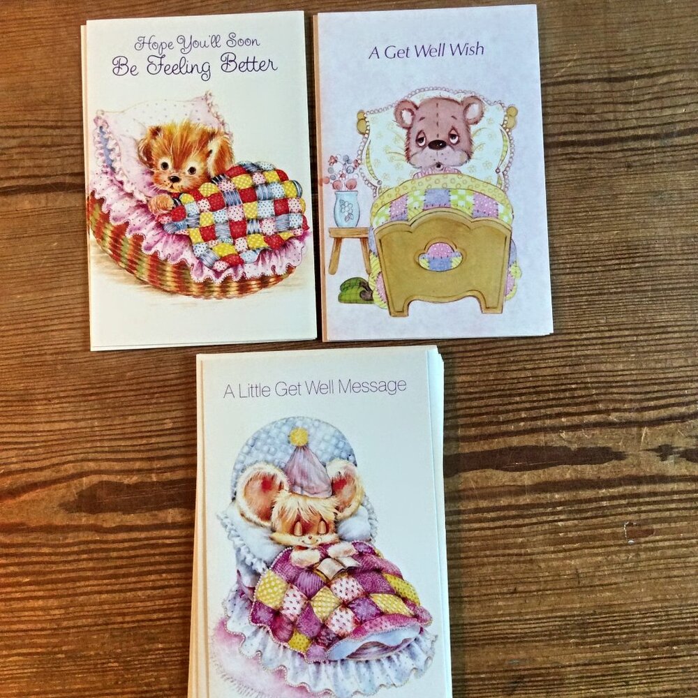 Set of 5 Vintage Get Well Greeting Cards with Envelopes – Cute Animal Artwork
